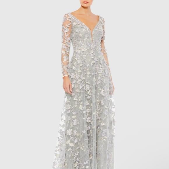 Mac Duggal Silver Floral Applique Long Sleeve Illusion Gown Womens 18 Dress Gray